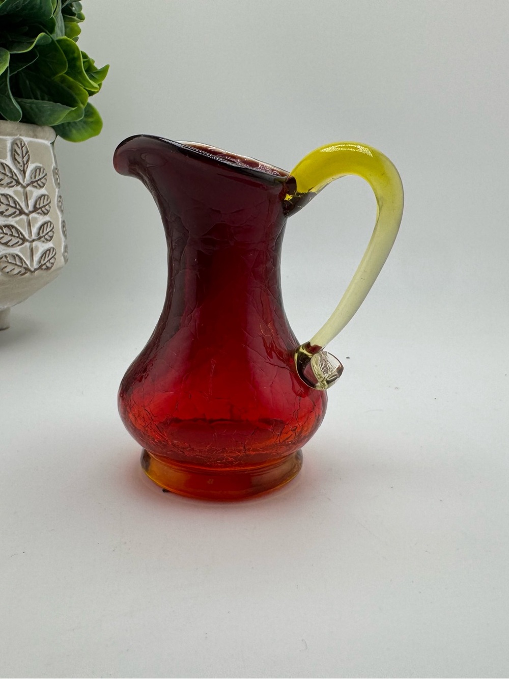 Vintage Hand Blown Crackle Glass Mini Pitcher Vase Red & Amber Applied Handle
